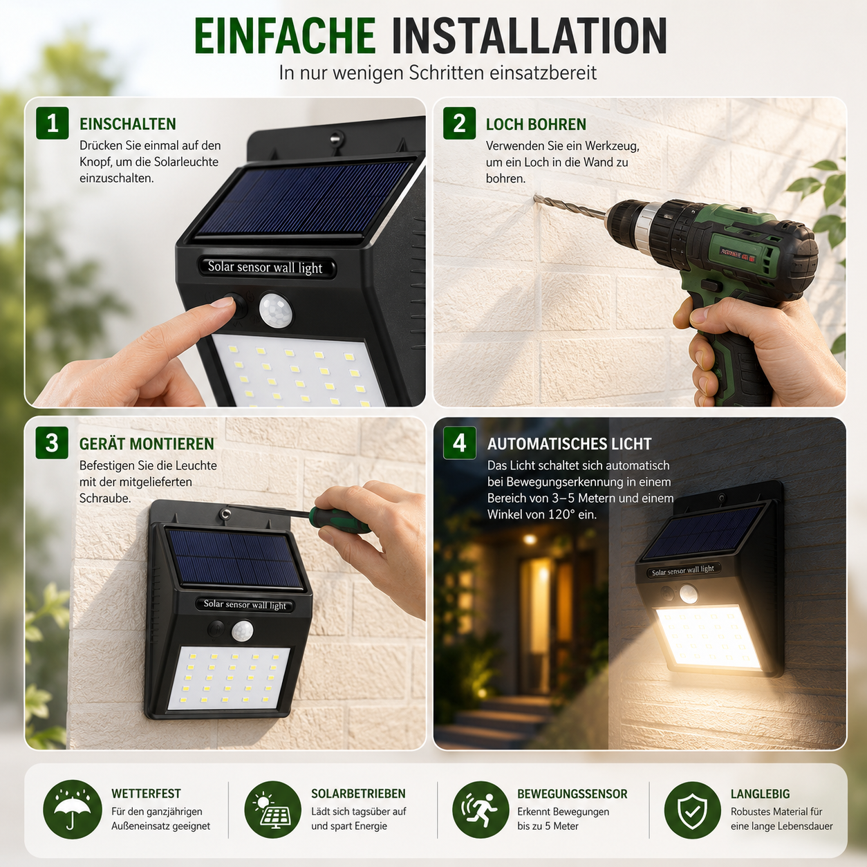 Solar LED Wandleuchte einfache Montage Anleitung
