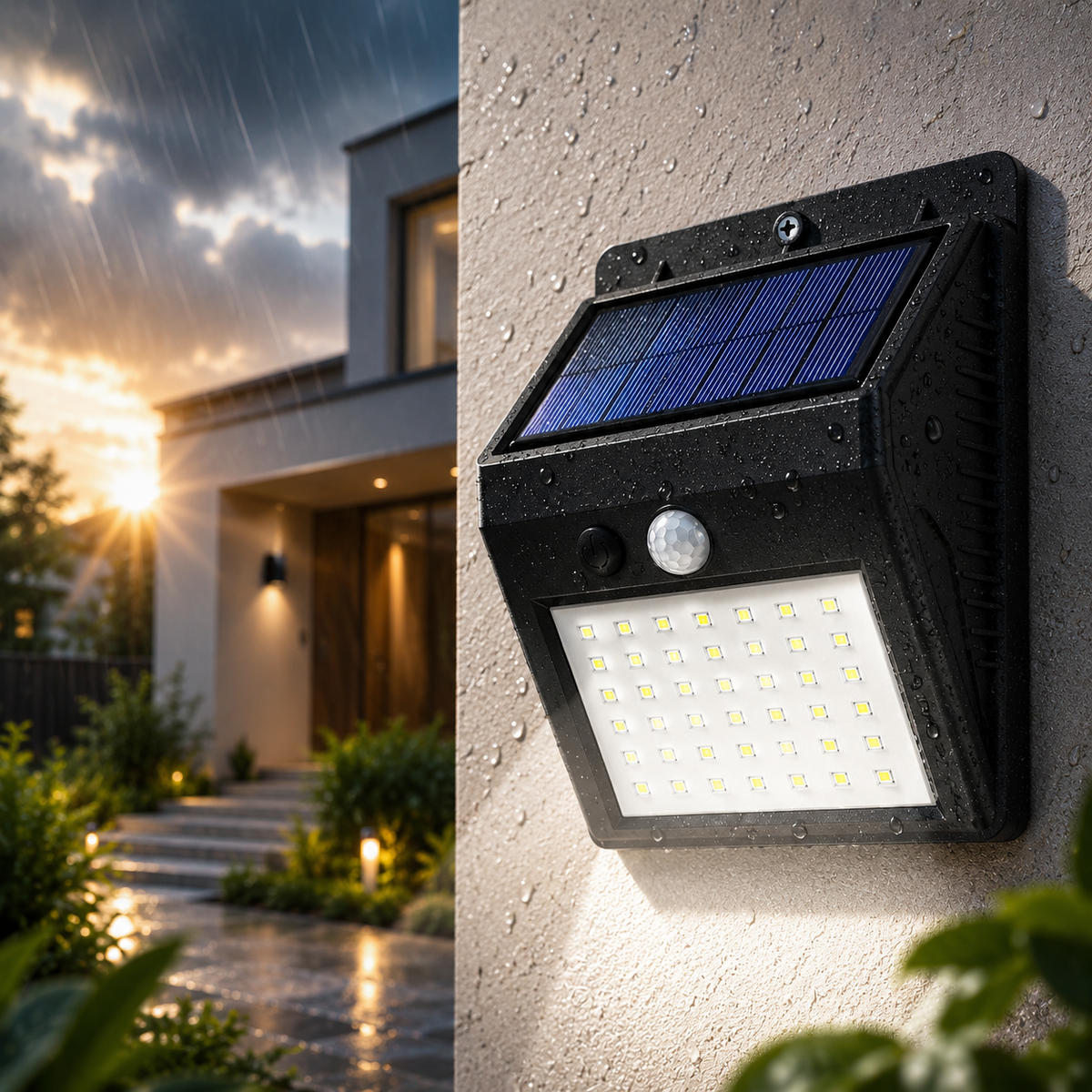Solar LED Wandleuchte mit Bewegungsmelder im Regen
