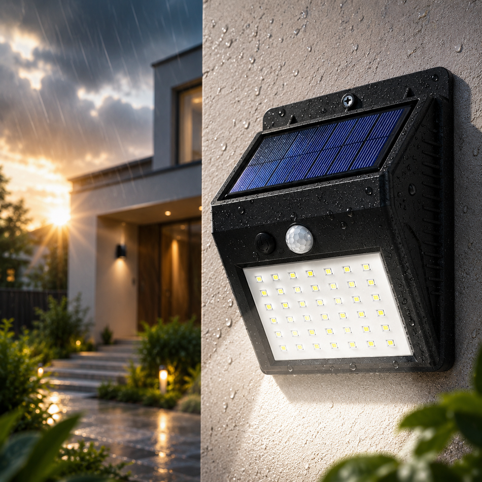Solar LED Wandleuchte mit Bewegungsmelder im Regen
