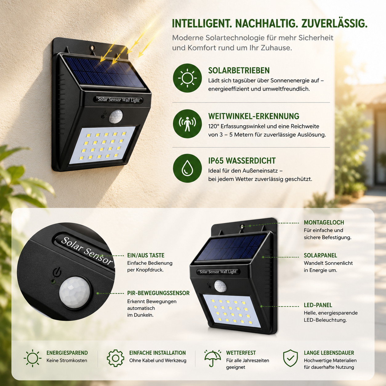 Solar LED Wandleuchte mit Funktionen und Details
