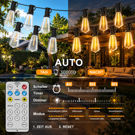 Solar Lichterkette mit Fernbedienung, Timer, Dimmfunktion und automatischem Tag-Nacht-Sensor für individuelle Außenbeleuchtung.
