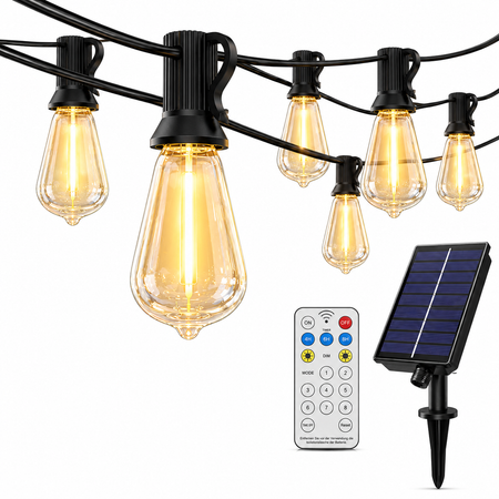 Solar Lichterkette mit warmweißen Edison-ST38-LED-Birnen, Solarpanel mit Erdspieß und Fernbedienung für Terrasse, Garten und Pergola.
