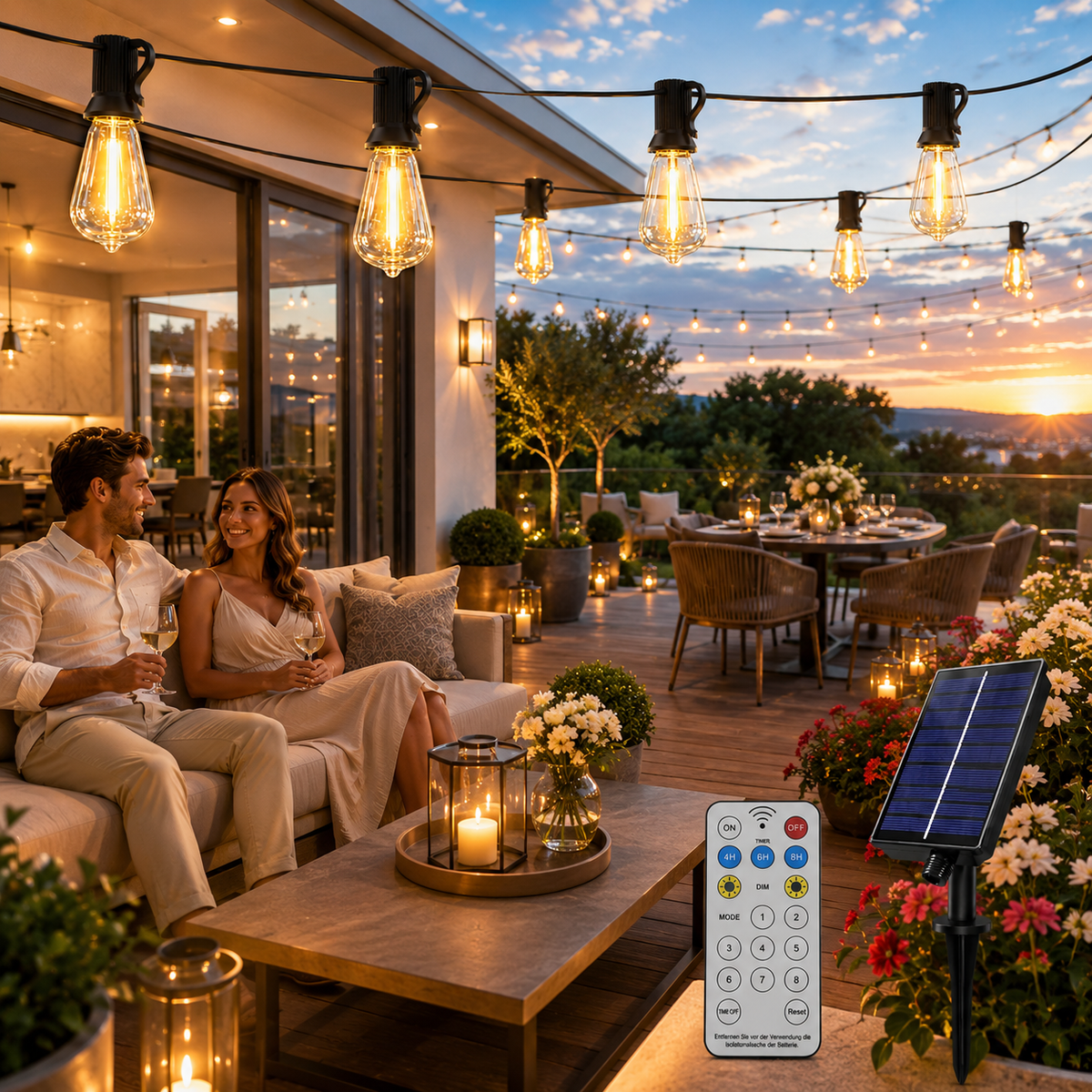 Solar Lichterkette sorgt für stimmungsvolle Beleuchtung auf der Terrasse mit warmweißen Edison-Birnen, Solarpanel und Fernbedienung.
