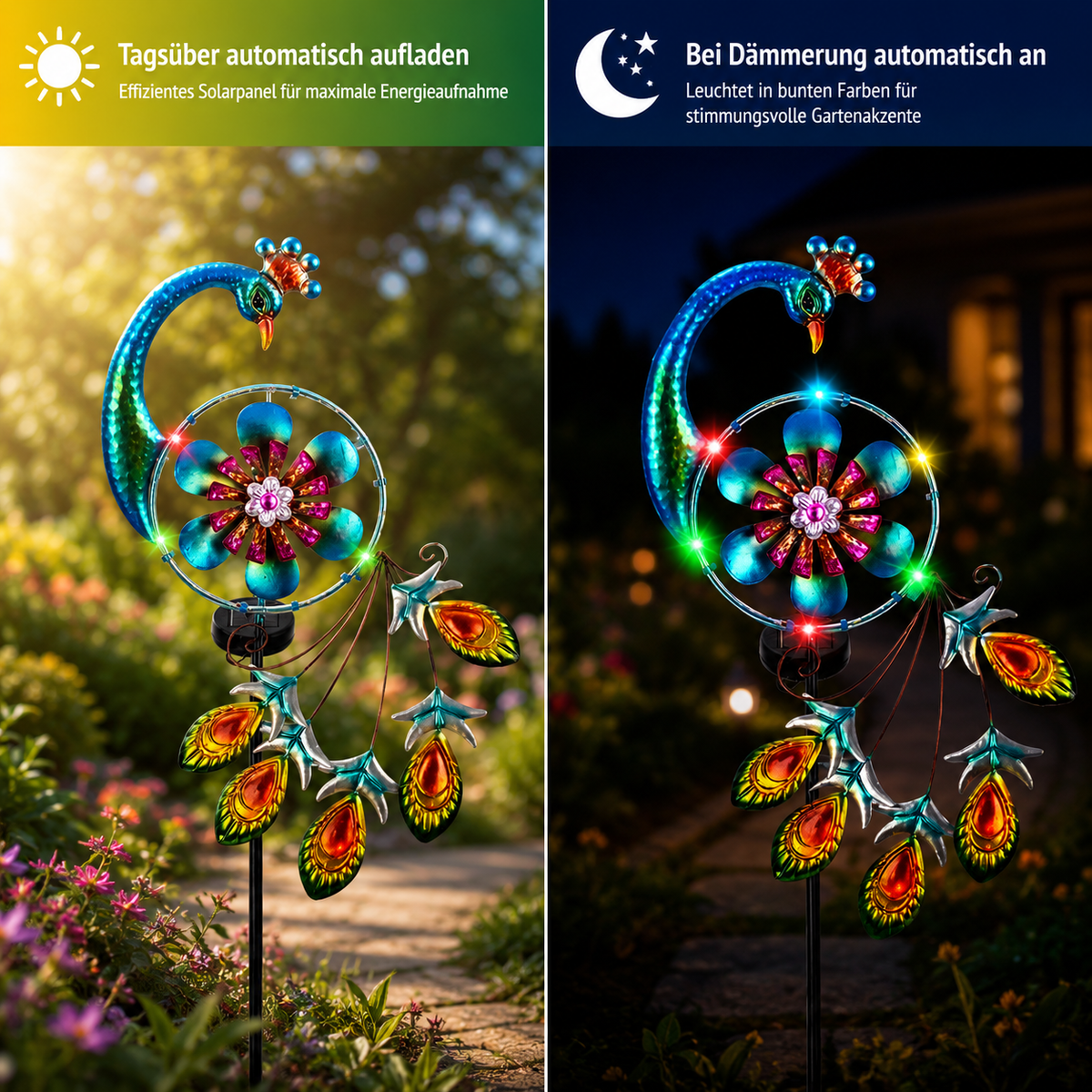 Solar Pfau Gartenstecker lädt sich tagsüber automatisch auf und leuchtet bei Dämmerung mit bunten LED-Lichtern im Garten.
