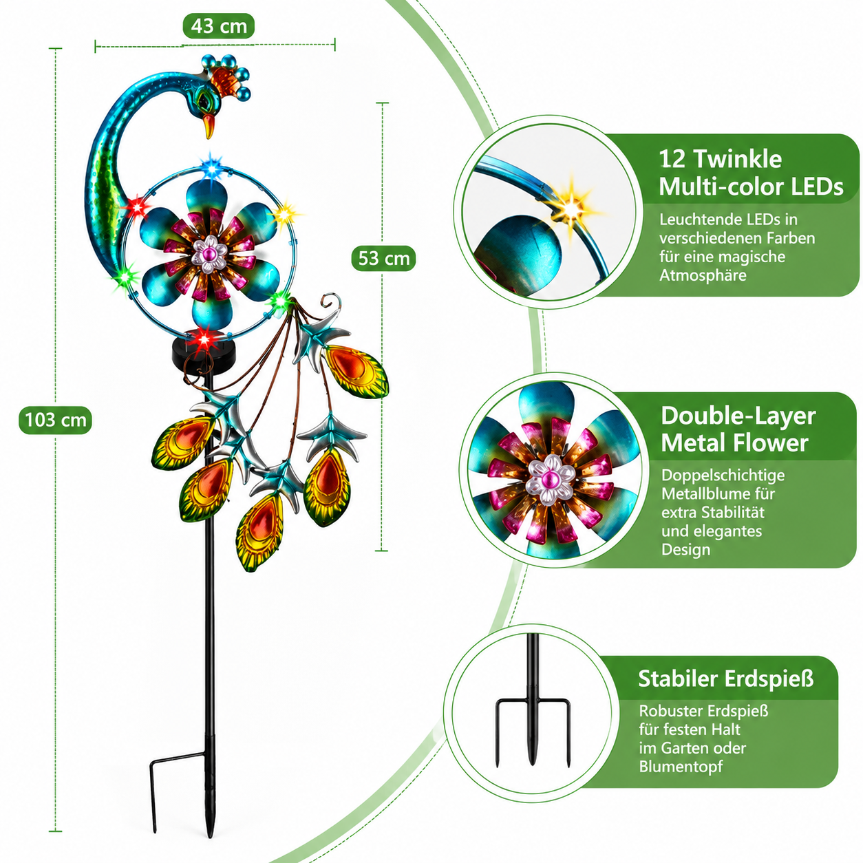 Solar Pfau Gartenstecker mit LED-Windrad – 103 cm Höhe, stabilem Erdspieß, Metallblume und 12 farbigen LEDs für den Außenbereich.
