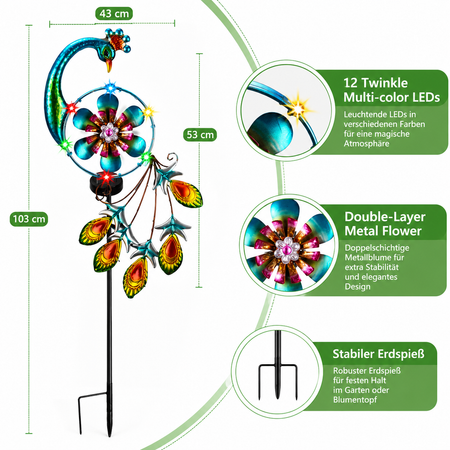 Solar Pfau Gartenstecker mit LED-Windrad – 103 cm Höhe, stabilem Erdspieß, Metallblume und 12 farbigen LEDs für den Außenbereich.

