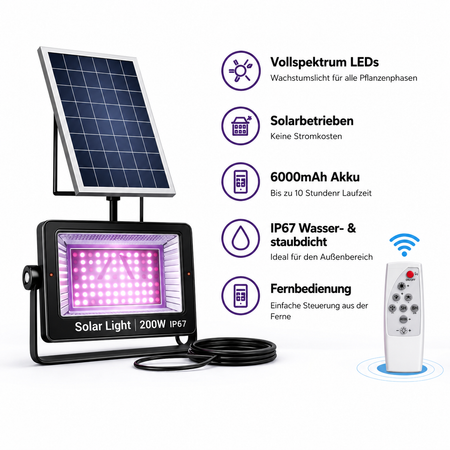 Solar Pflanzenlampe mit Solarpanel, Fernbedienung und Vollspektrum LED Beleuchtung