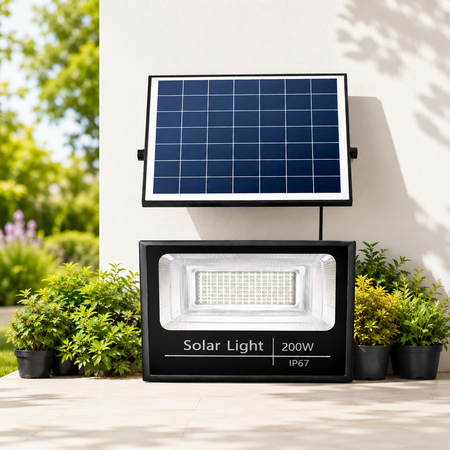 Solar_Pflanzenlampe_mit_Solarpanel_und_LED_StrahlerSolar Pflanzenlampe mit Solarpanel und LED-Flutlicht für Garten, Balkon und Pflanzen im Außenbereich.
