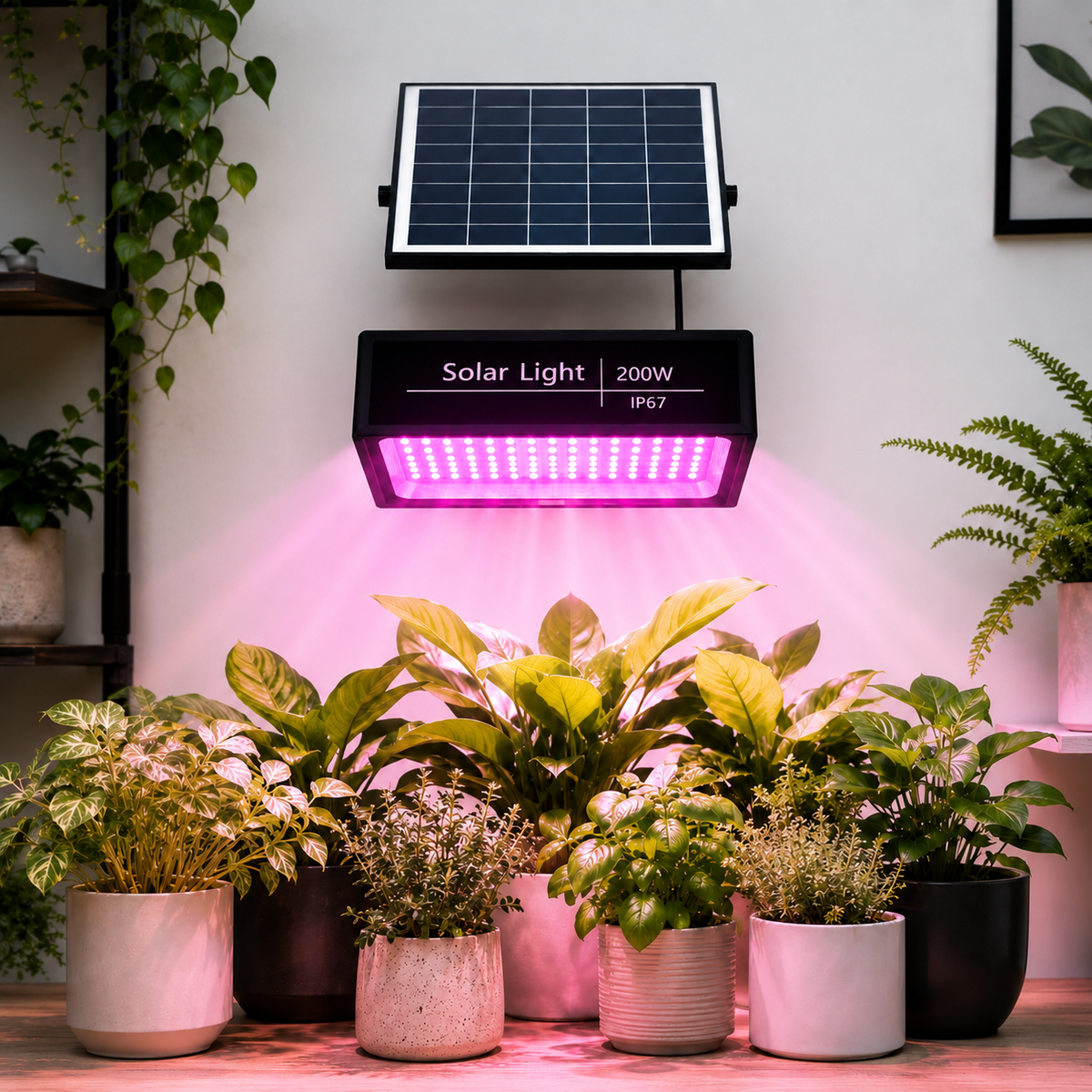 Solar Pflanzenlampe mit Solarpanel und rosa LED-Pflanzenlicht über grünen Zimmerpflanzen – energiesparende Pflanzenbeleuchtung für Innen- und Außenbereich

