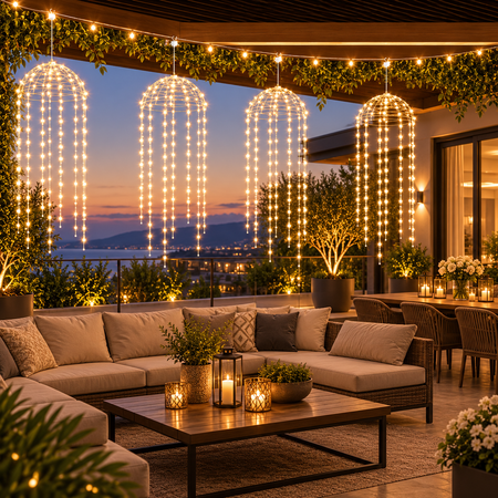 Solar Quallen Lichterkette beleuchtet moderne Terrasse
