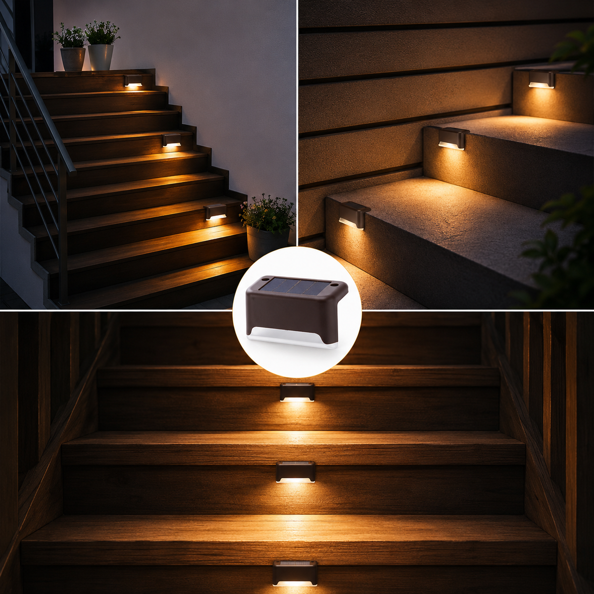 Solar Treppenleuchten mit warmweißem LED-Licht für Holz- und Steintreppen im Außenbereich.
