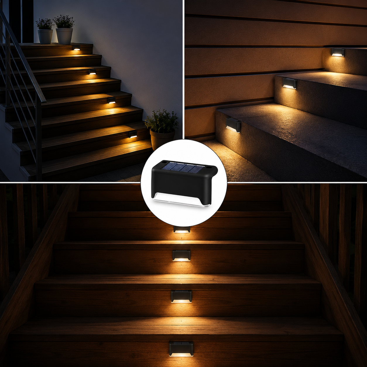 Solar Treppenleuchten mit warmweißem LED-Licht für sichere Außenstufen bei Nacht.
