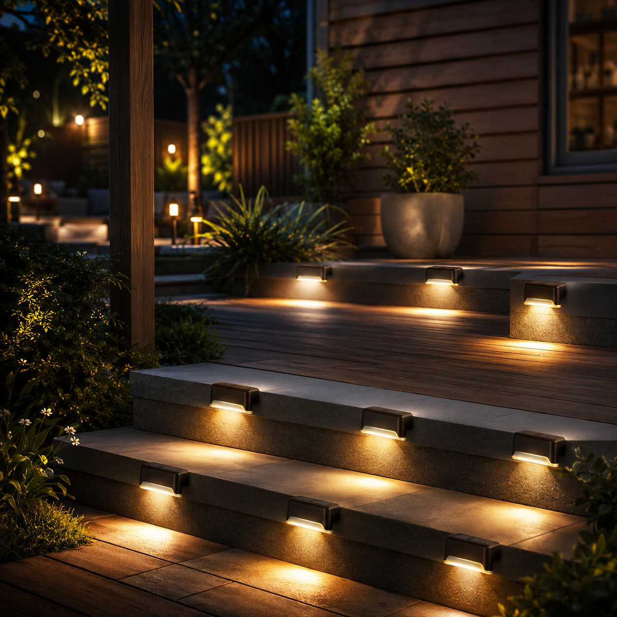 Solar Treppenleuchten mit warmweißem LED-Licht für sicheren Außenbereich bei Nacht.
