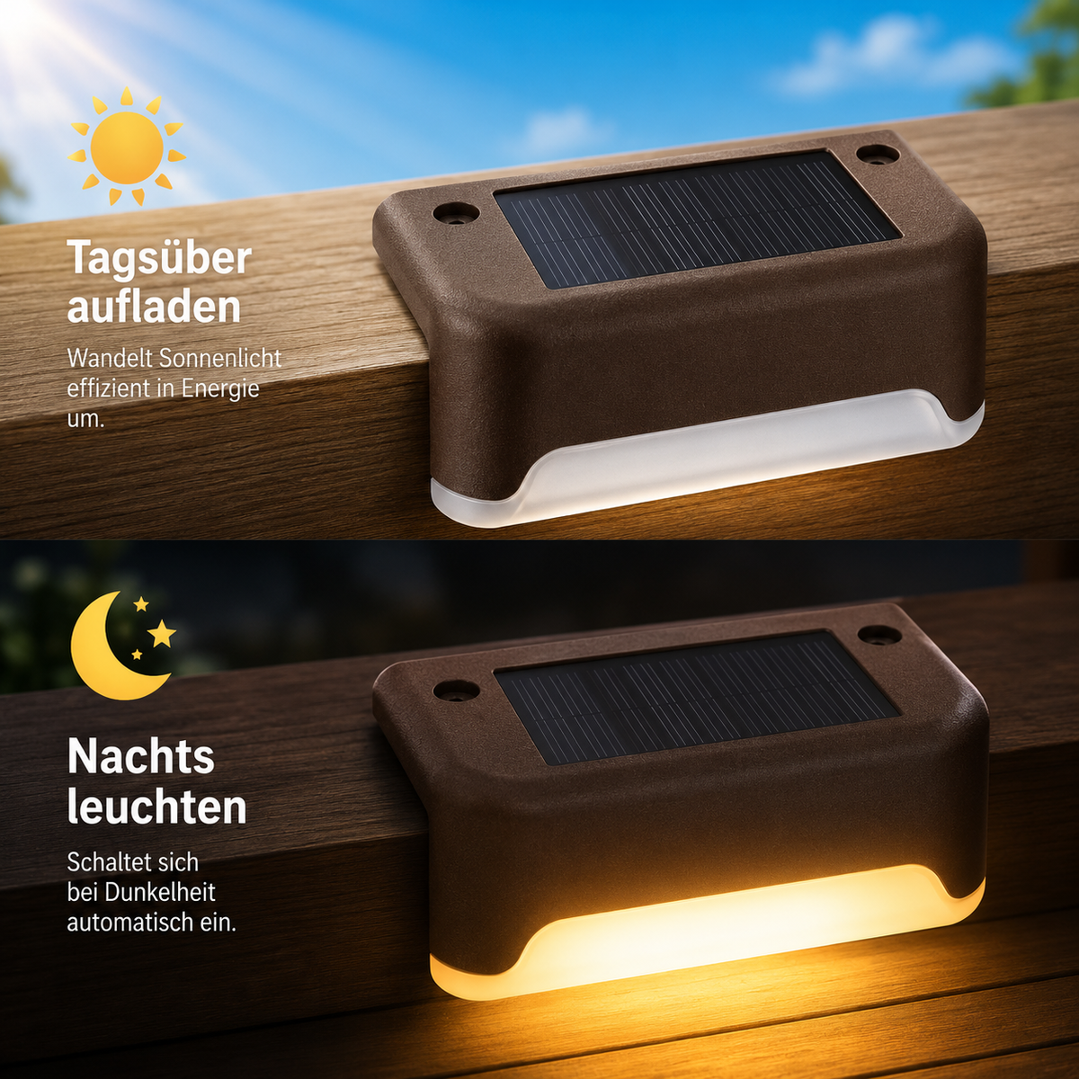 Solar Zaunleuchte lädt tagsüber und leuchtet nachts automatisch mit warmweißem Licht.
