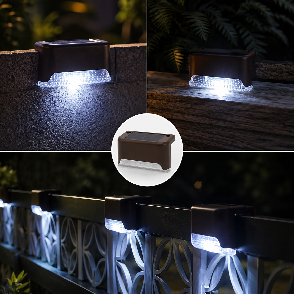 Solar Zaunleuchten mit kaltweißem LED-Licht für Geländer, Mauern und Gartenzäune.
