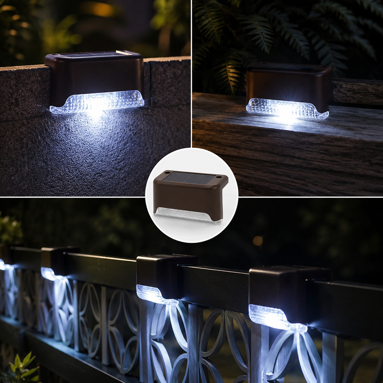 Solar Zaunleuchten mit kaltweißem LED-Licht für Geländer, Mauern und Gartenzäune.
