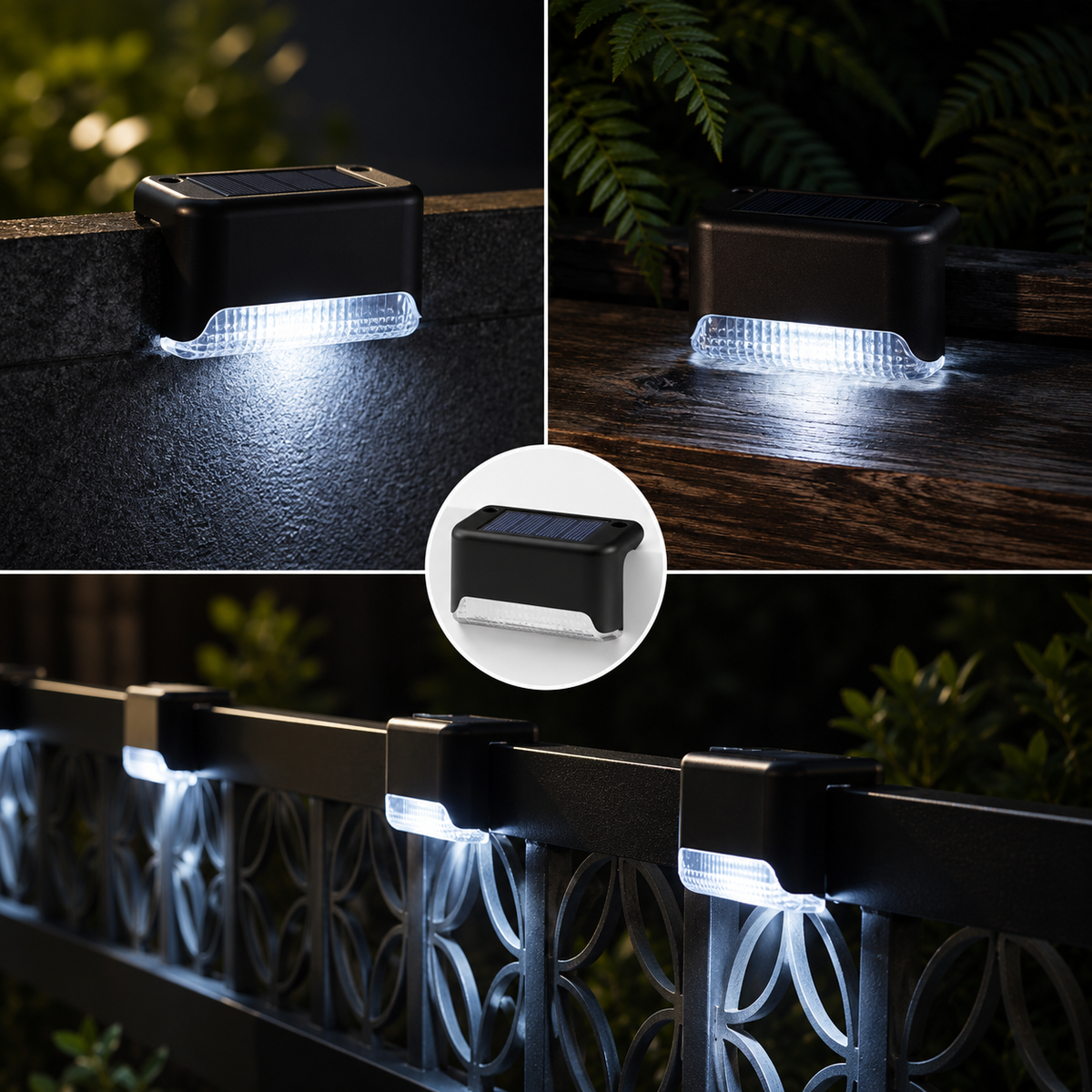Solar Zaunleuchten mit kaltweißem LED-Licht für moderne Garten- und Zaunbeleuchtung.
