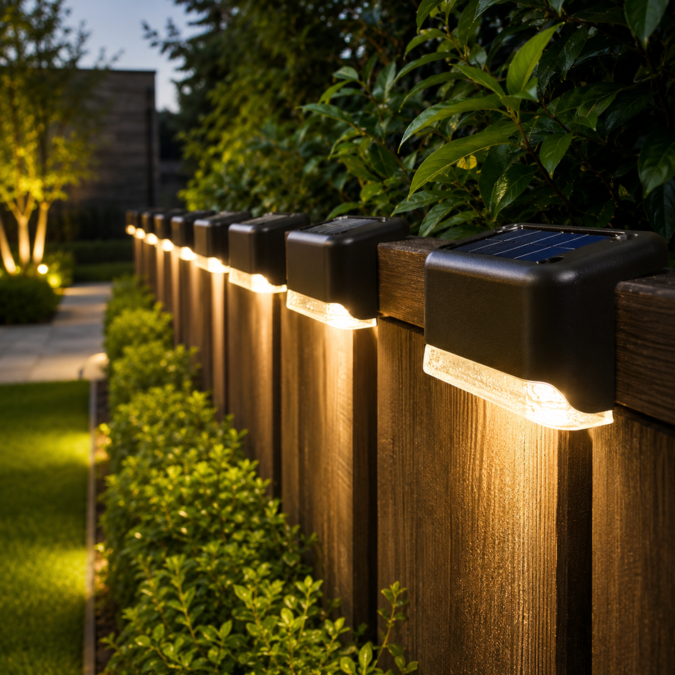 Solar Zaunleuchten mit warmweißem LED-Licht entlang eines Holzzauns im Garten bei Nacht.
