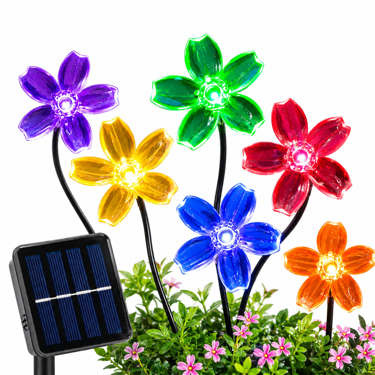 Solarbetriebene Blumenlichterkette mit farbigen LED-Blumen, Solarpanel und wetterfestem Design für dekorative Gartenbeleuchtung.

