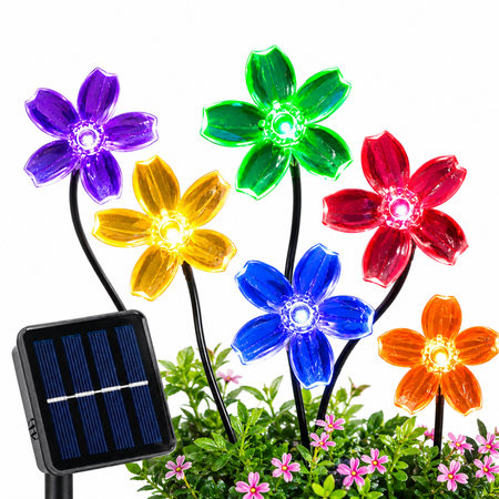 Solarbetriebene Blumenlichterkette mit farbigen LED-Blumen, Solarpanel und wetterfestem Design für dekorative Gartenbeleuchtung.
