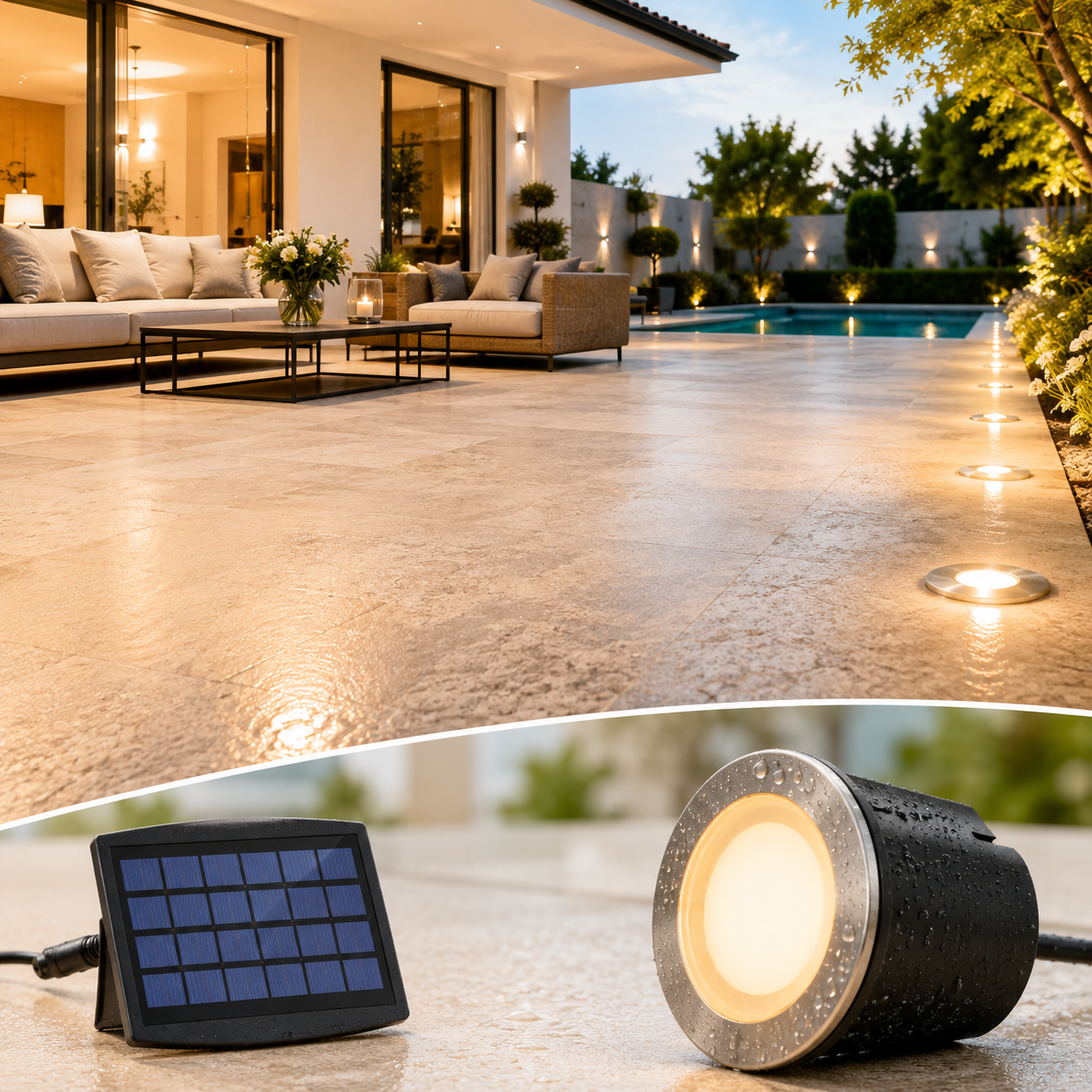 Solarbetriebene LED-Einbaustrahler beleuchten Terrasse und Poolbereich mit warmweißem Licht für eine moderne Außenbeleuchtung.
