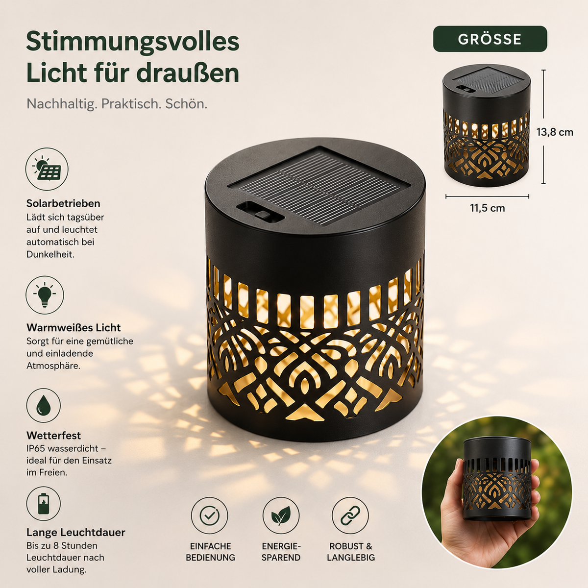 Solarbetriebene LED-Gartenleuchte mit Mandala-Design, warmweißem Licht, IP65-Schutz und 13,8 cm Höhe
