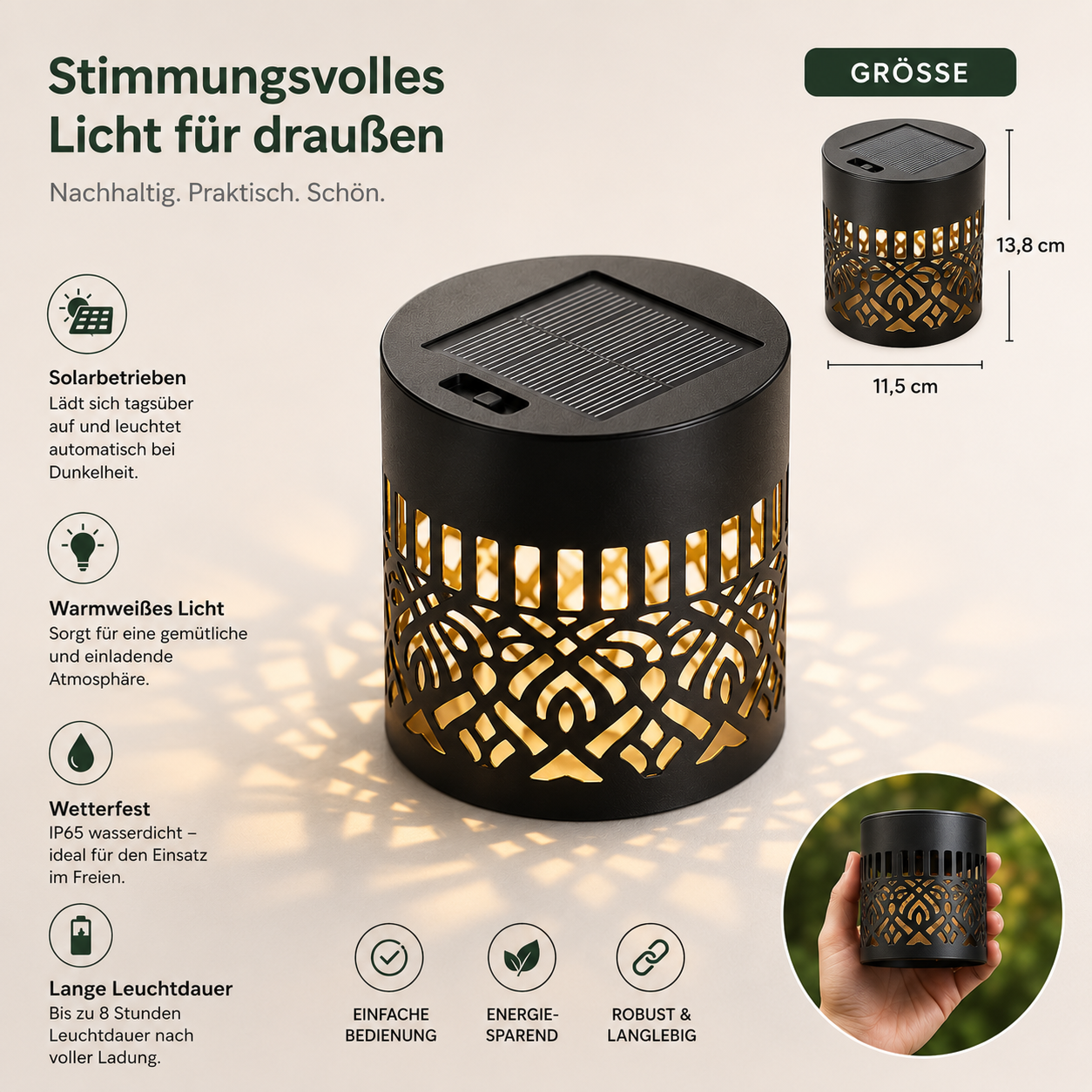 Solarbetriebene LED-Gartenleuchte mit Mandala-Design, warmweißem Licht, IP65-Schutz und 13,8 cm Höhe
