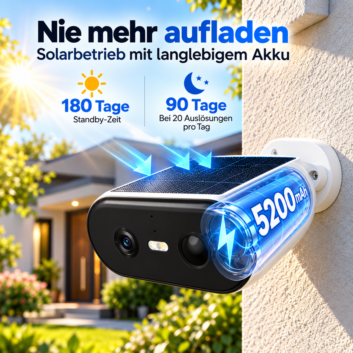 Solar Überwachungskamera mit integriertem Solarpanel und 5200 mAh Akku, bis zu 180 Tage Standby