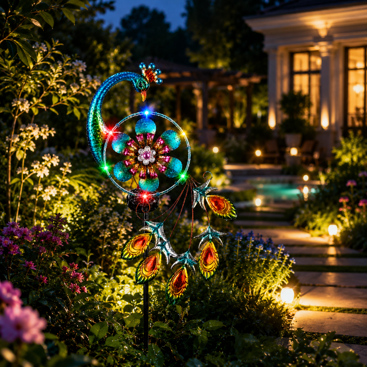 Solarbetriebener Pfau Gartenstecker mit farbigen LED-Lichtern als stilvolle Gartendekoration in einem gepflegten Garten mit Beleuchtung.
