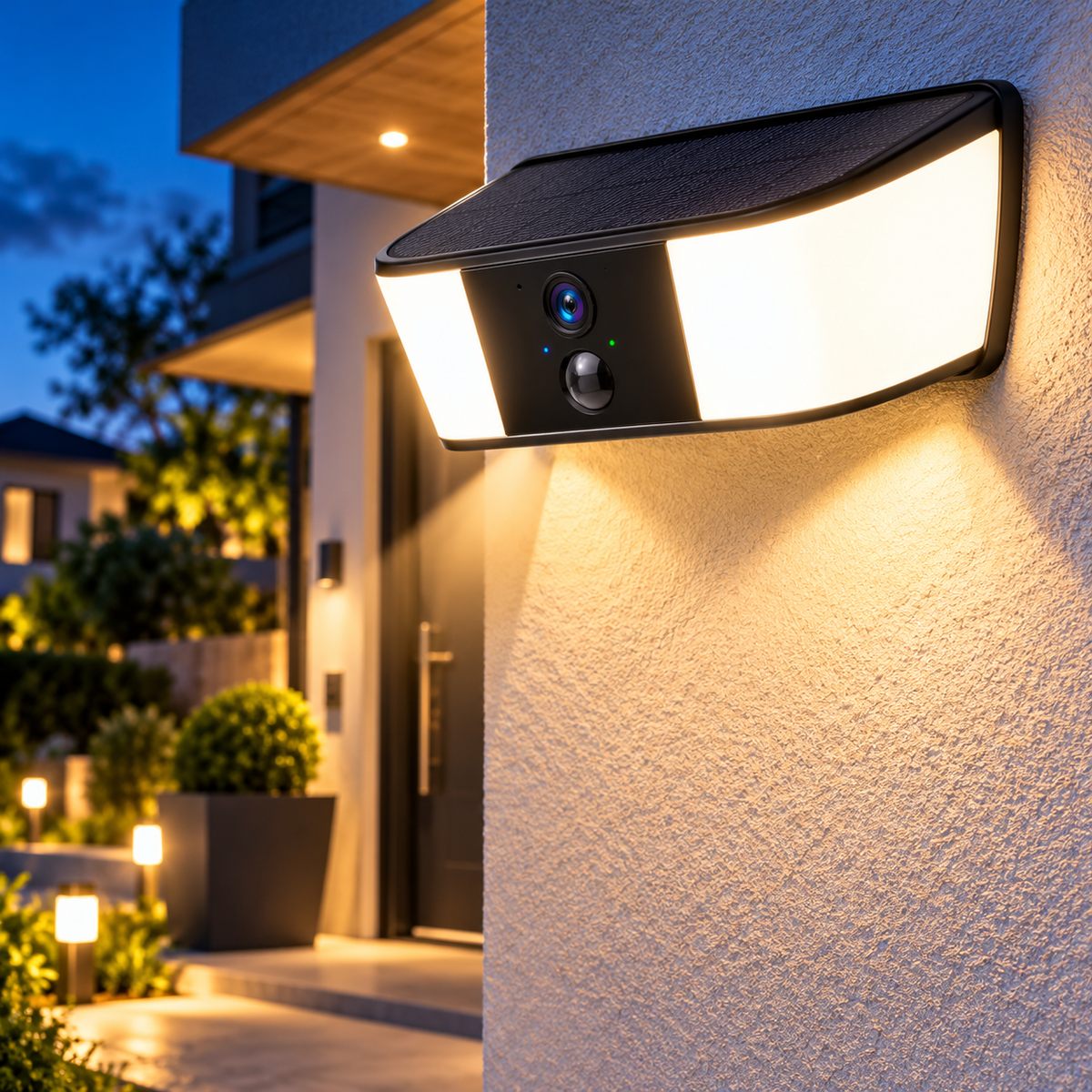 Solar Überwachungskamera mit eingeschaltetem LED-Licht beleuchtet den Hauseingang bei Nacht