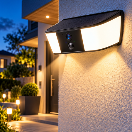 Solar Überwachungskamera mit eingeschaltetem LED-Licht beleuchtet den Hauseingang bei Nacht