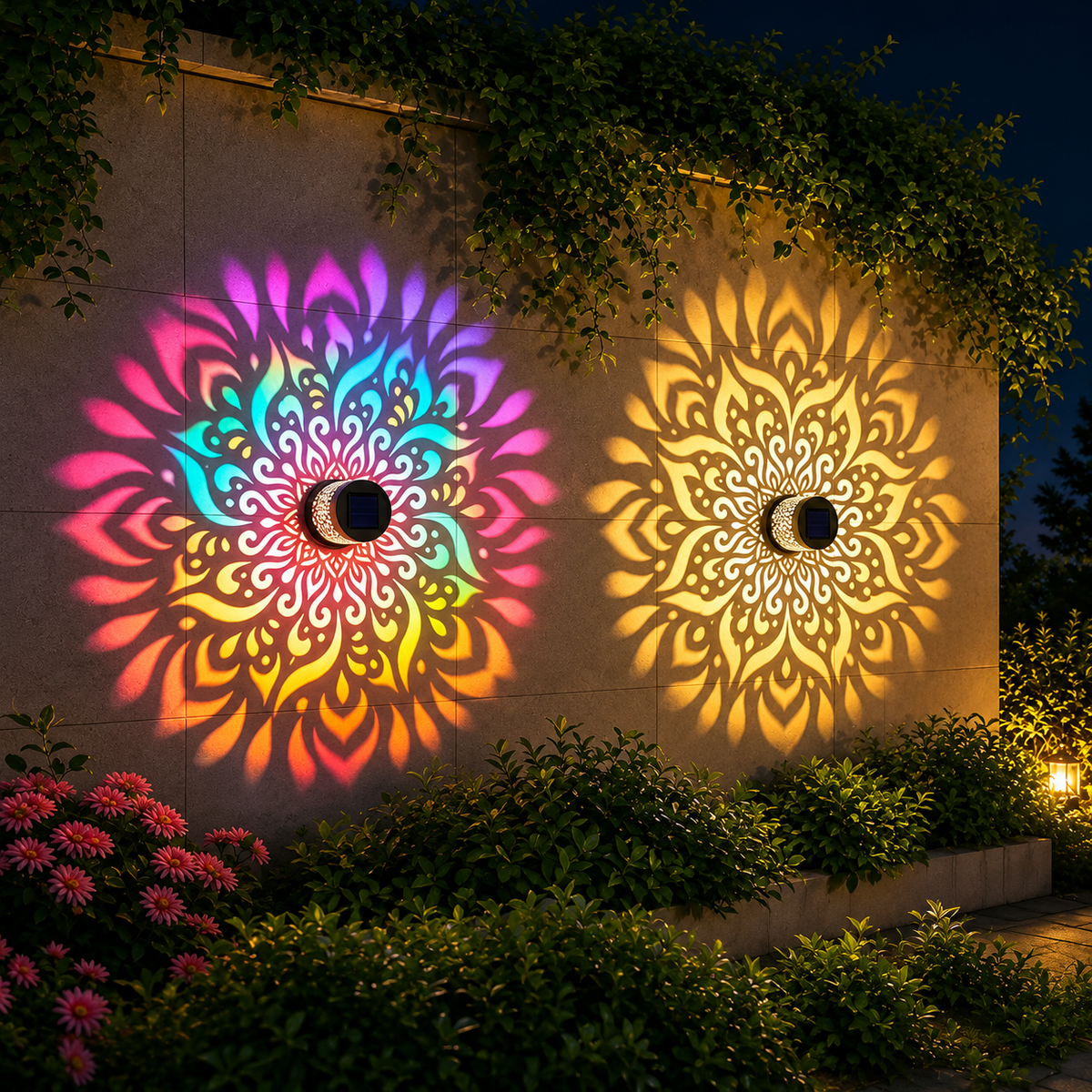Solarleuchte mit Mandala-Lichtprojektion an Gartenwand bei Nacht in bunten RGB-Farben
