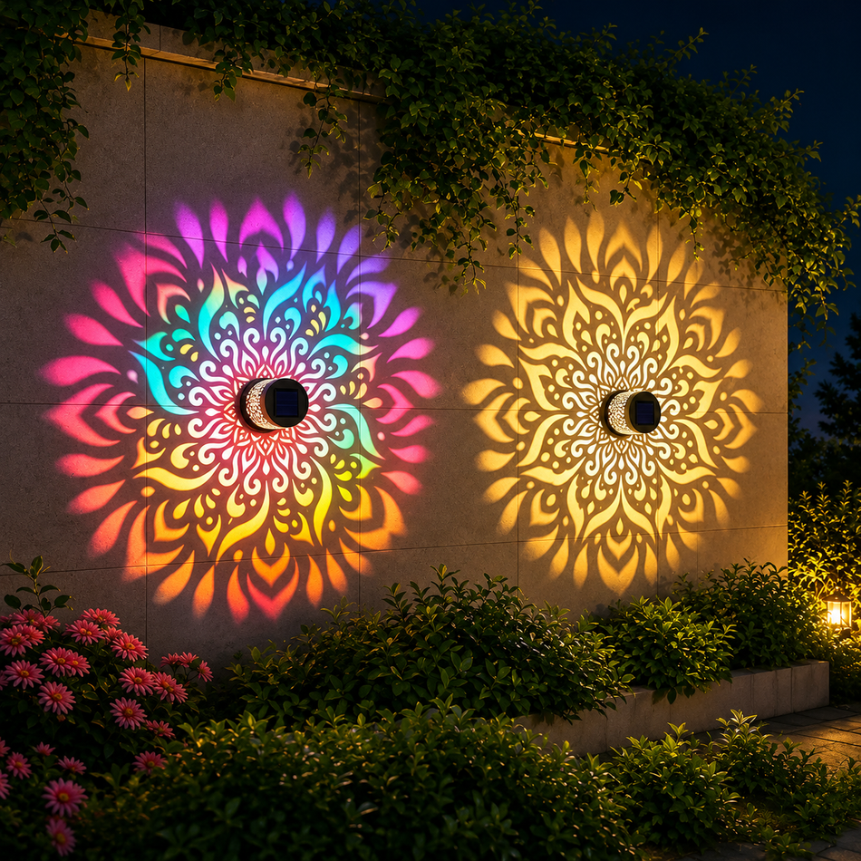 Solarleuchte mit Mandala-Lichtprojektion an Gartenwand bei Nacht in bunten RGB-Farben
