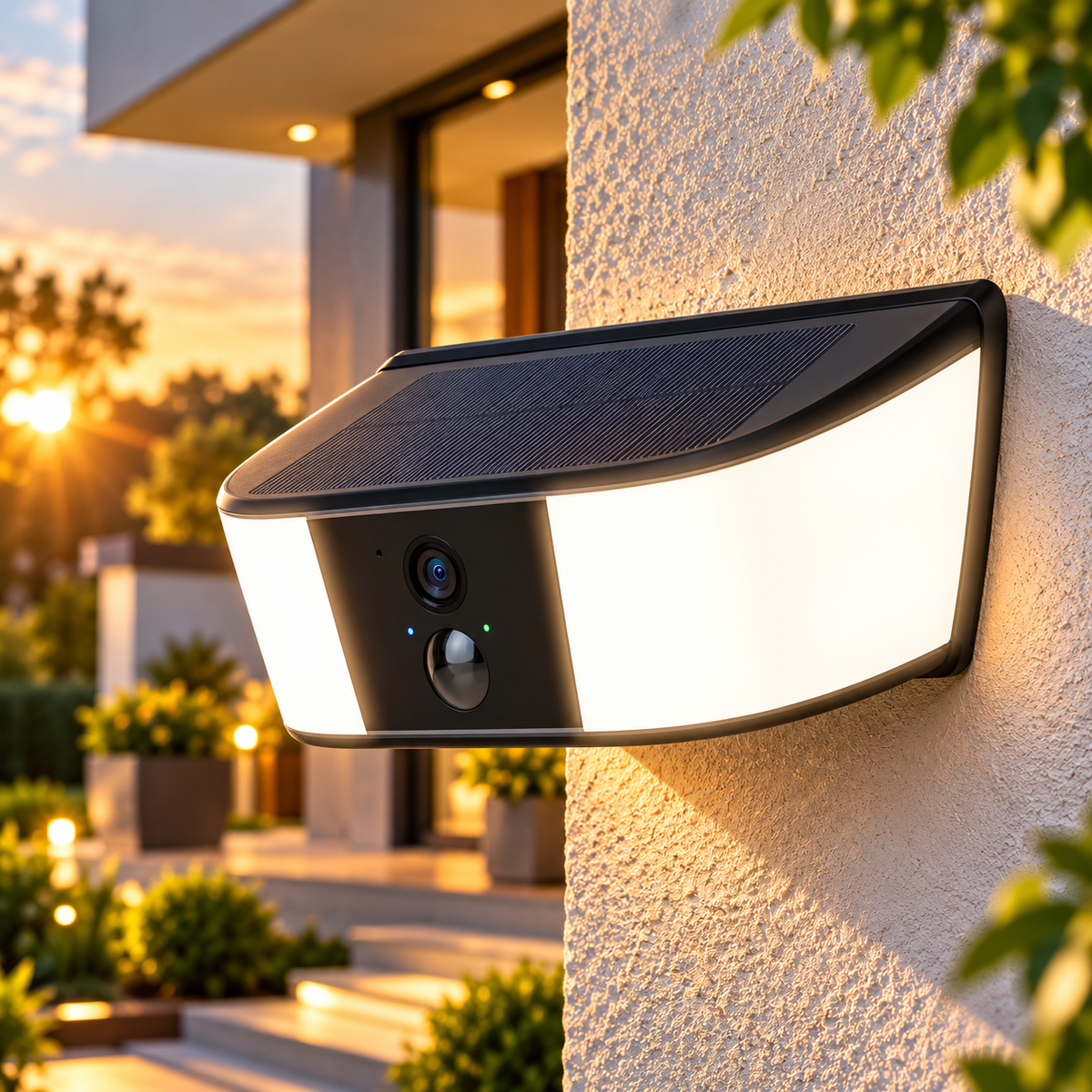 Solar Überwachungskamera mit Licht an der Hauswand im Abendlicht