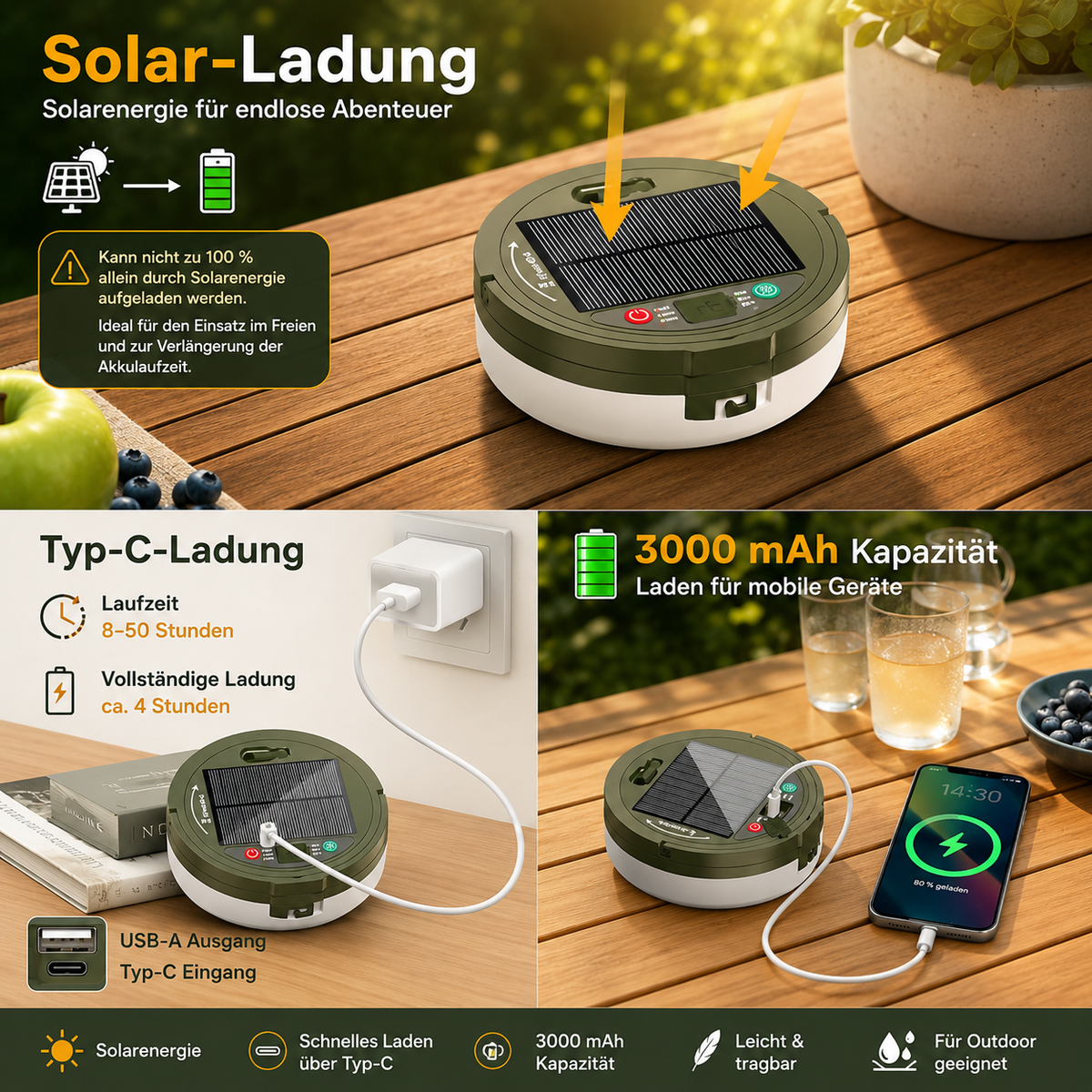 Solarleuchte mit Typ-C-Ladung, 3000 mAh Akku und LED-Lichterkette
