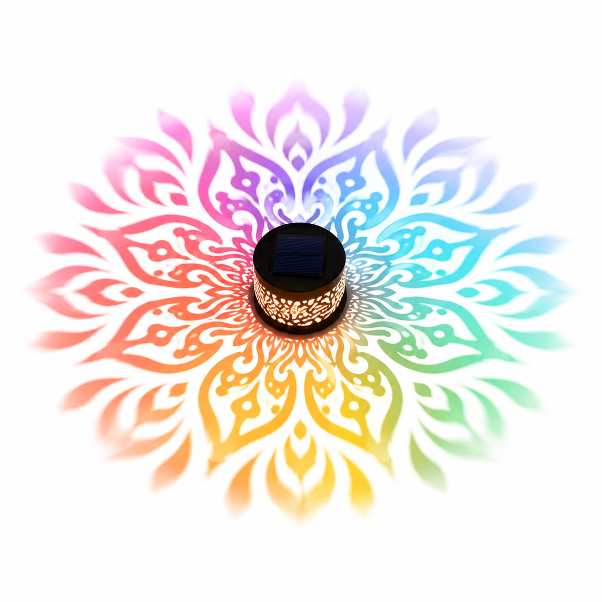 Solarleuchte mit kreisförmiger RGB-Mandala-Lichtprojektion auf weißem Hintergrund als Produktansicht
