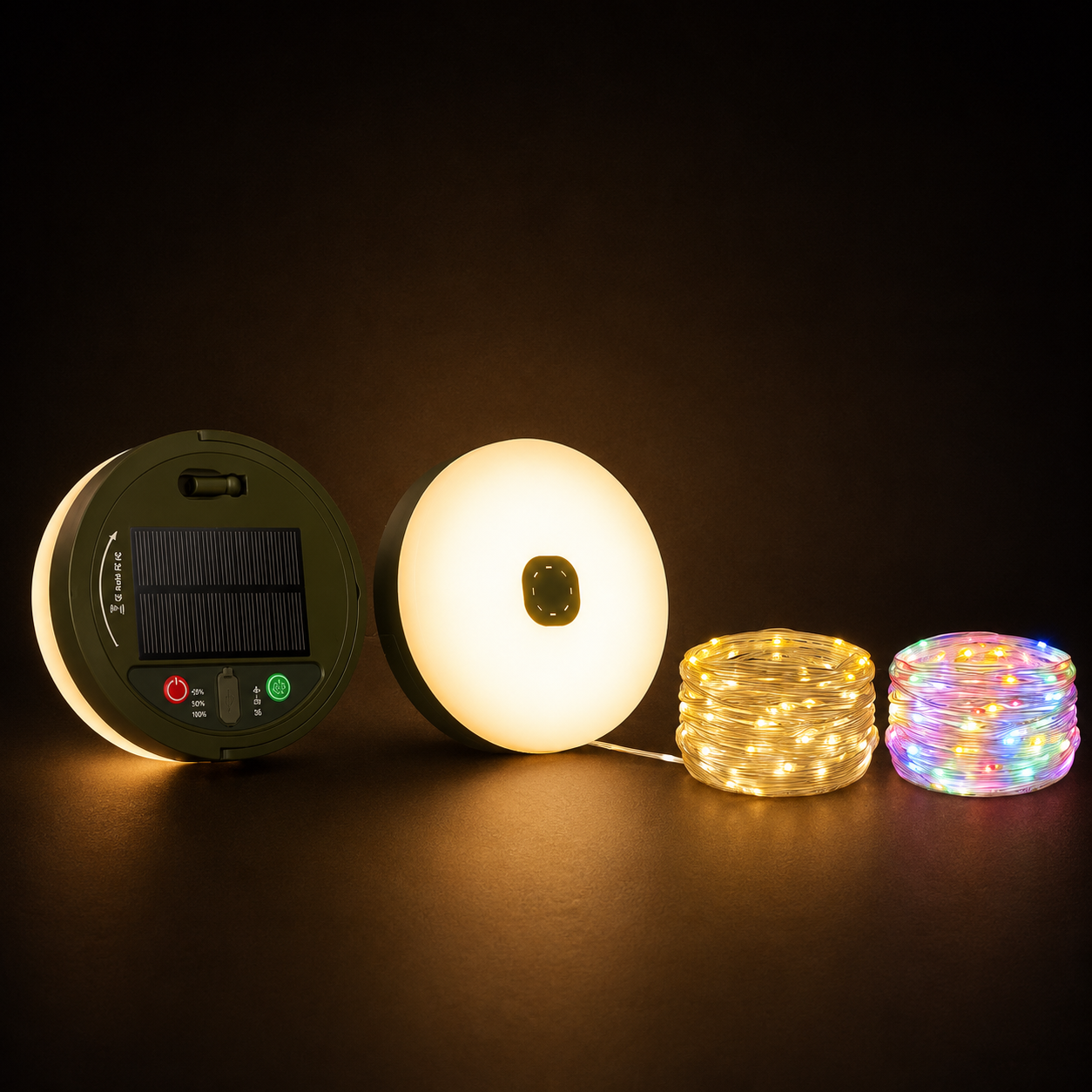 Solarleuchte mit warmweißer und mehrfarbiger aufrollbarer LED-Lichterkette
