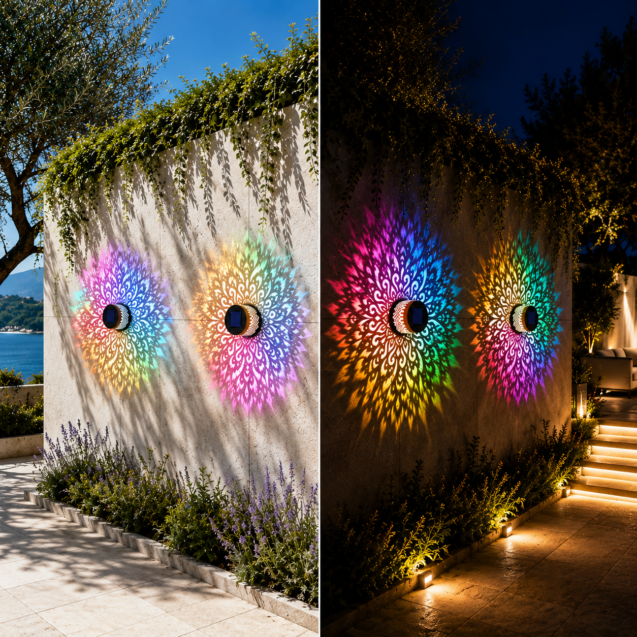 Solarleuchten mit RGB-Mandala-Lichtprojektion bei Tag und Nacht für Gartenmauer und Außenbereich
