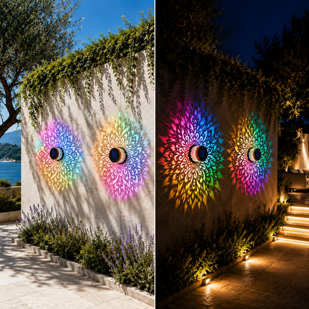Solarleuchten mit RGB-Mandala-Lichtprojektion bei Tag und Nacht für Gartenmauer und Außenbereich
