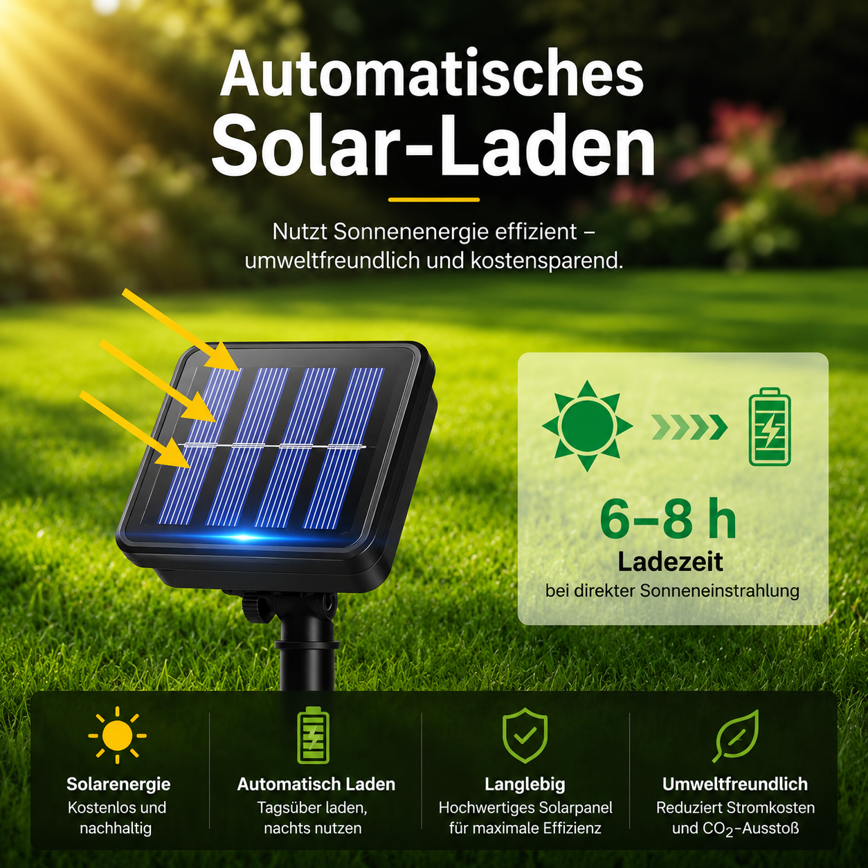 Solarmodul der LED-Lampion-Lichterkette beim automatischen Laden im Sonnenlicht
