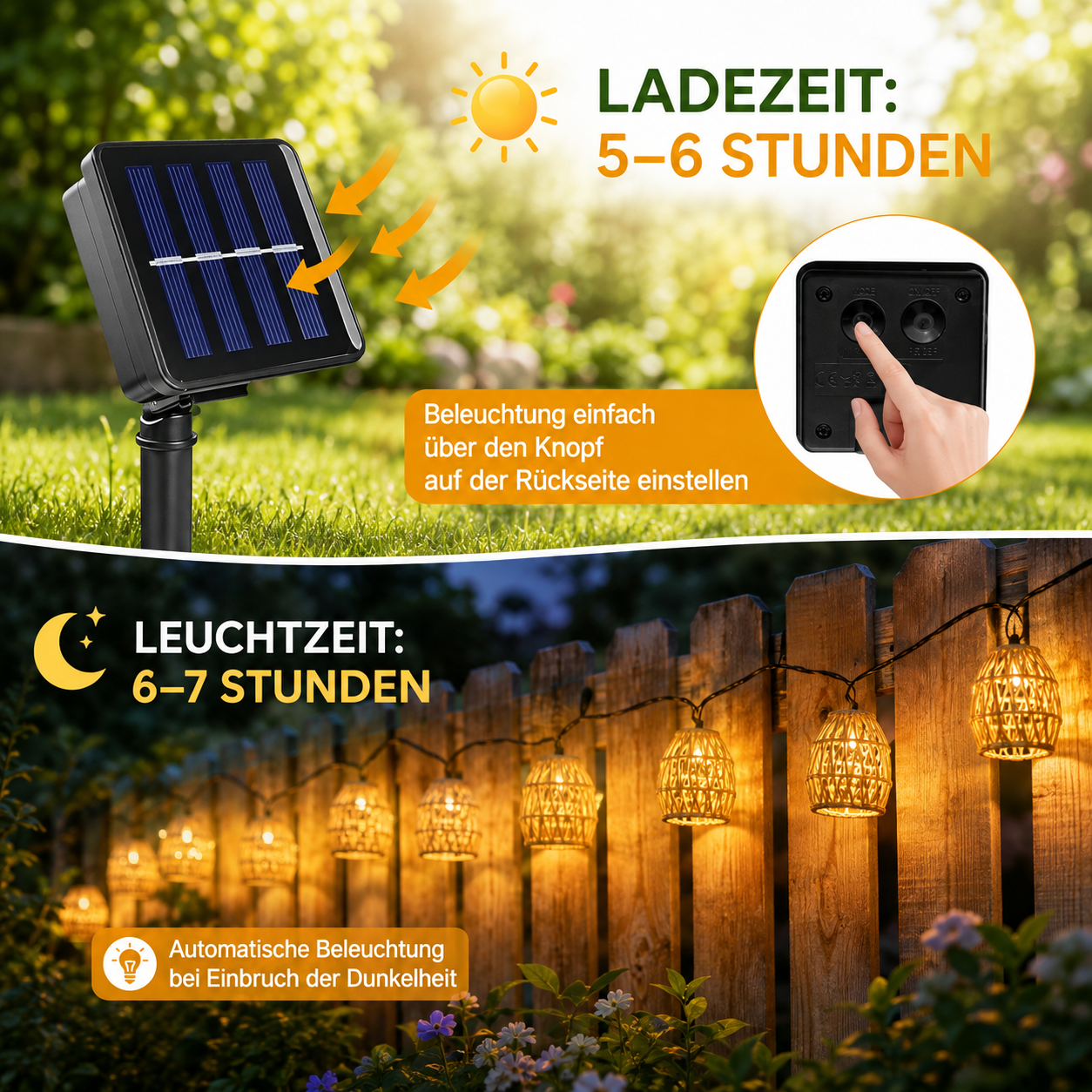 Solarpanel der Lichterkette mit Informationen zu Ladezeit, Leuchtdauer und Dämmerungssensor.
