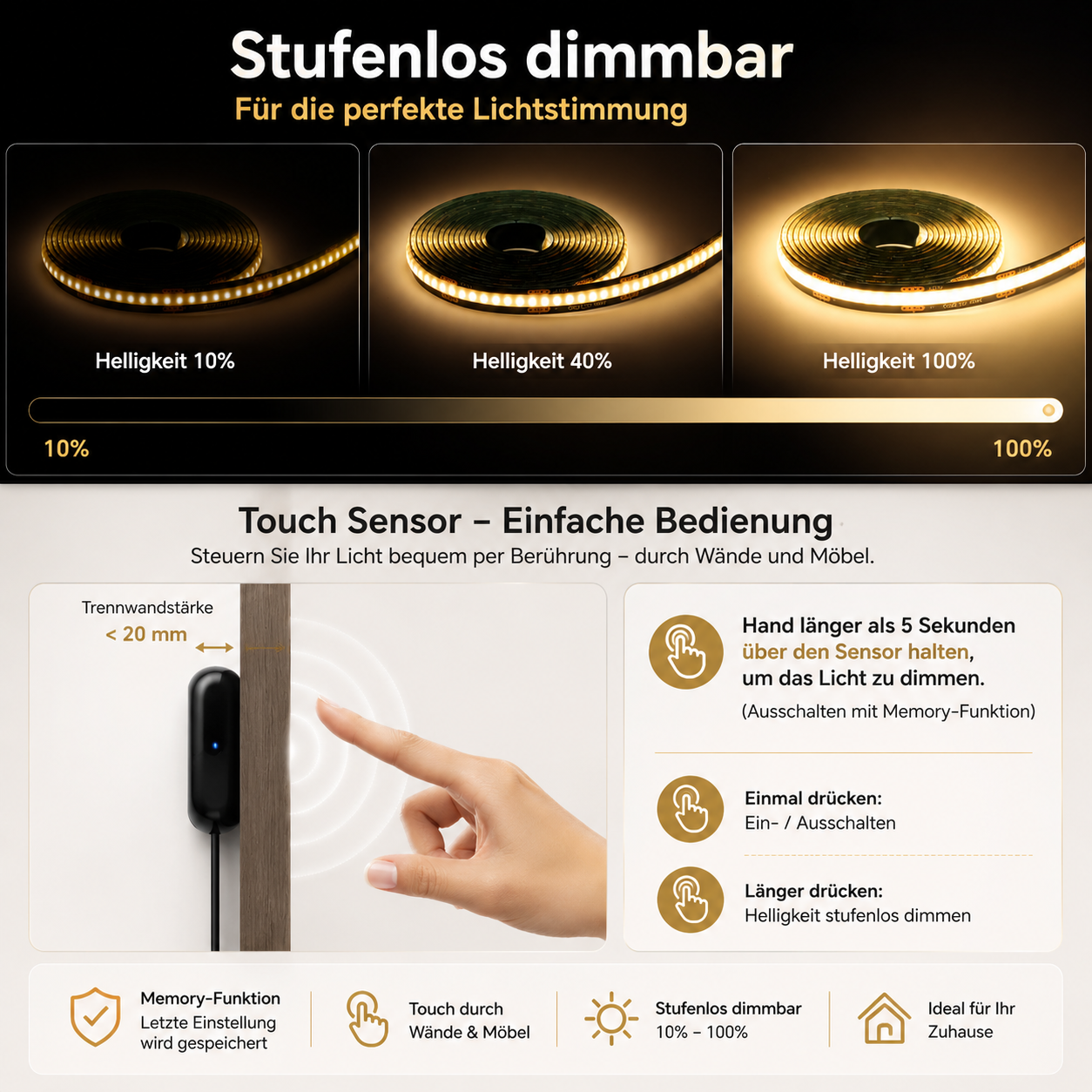 Stufenlos dimmbare COB LED Lichtstreifen mit Touch-Sensor – Helligkeit von 10 % bis 100 % einstellbar
