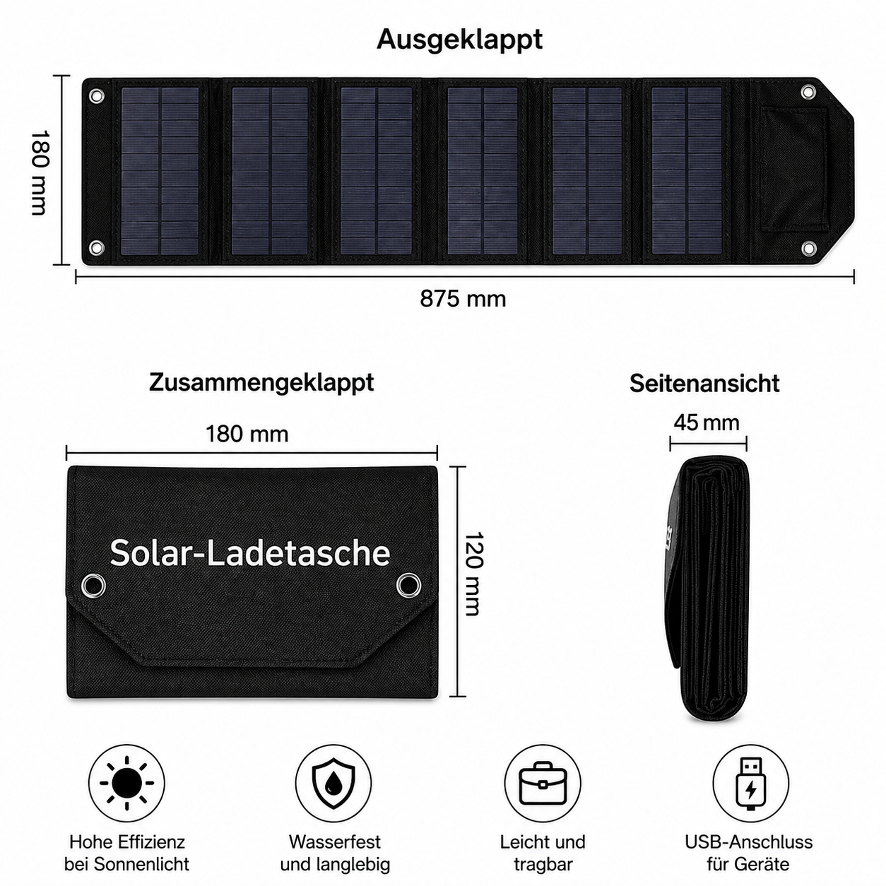 Technische Abmessungen des faltbaren 100W Solarpanels inklusive Größe im ausgeklappten und gefalteten Zustand.
