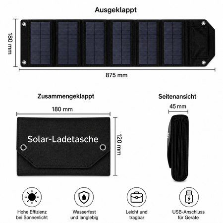 Technische Abmessungen des faltbaren 100W Solarpanels inklusive Größe im ausgeklappten und gefalteten Zustand.
