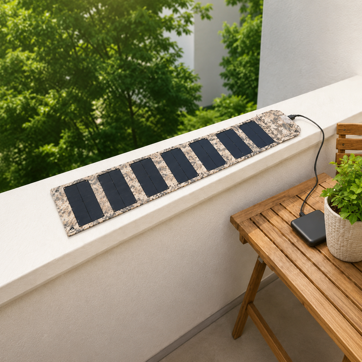 Tragbares Solarpanel beim Laden eines Smartphones auf einem sonnigen Balkon – ideal für Camping, Reisen und Outdoor.
