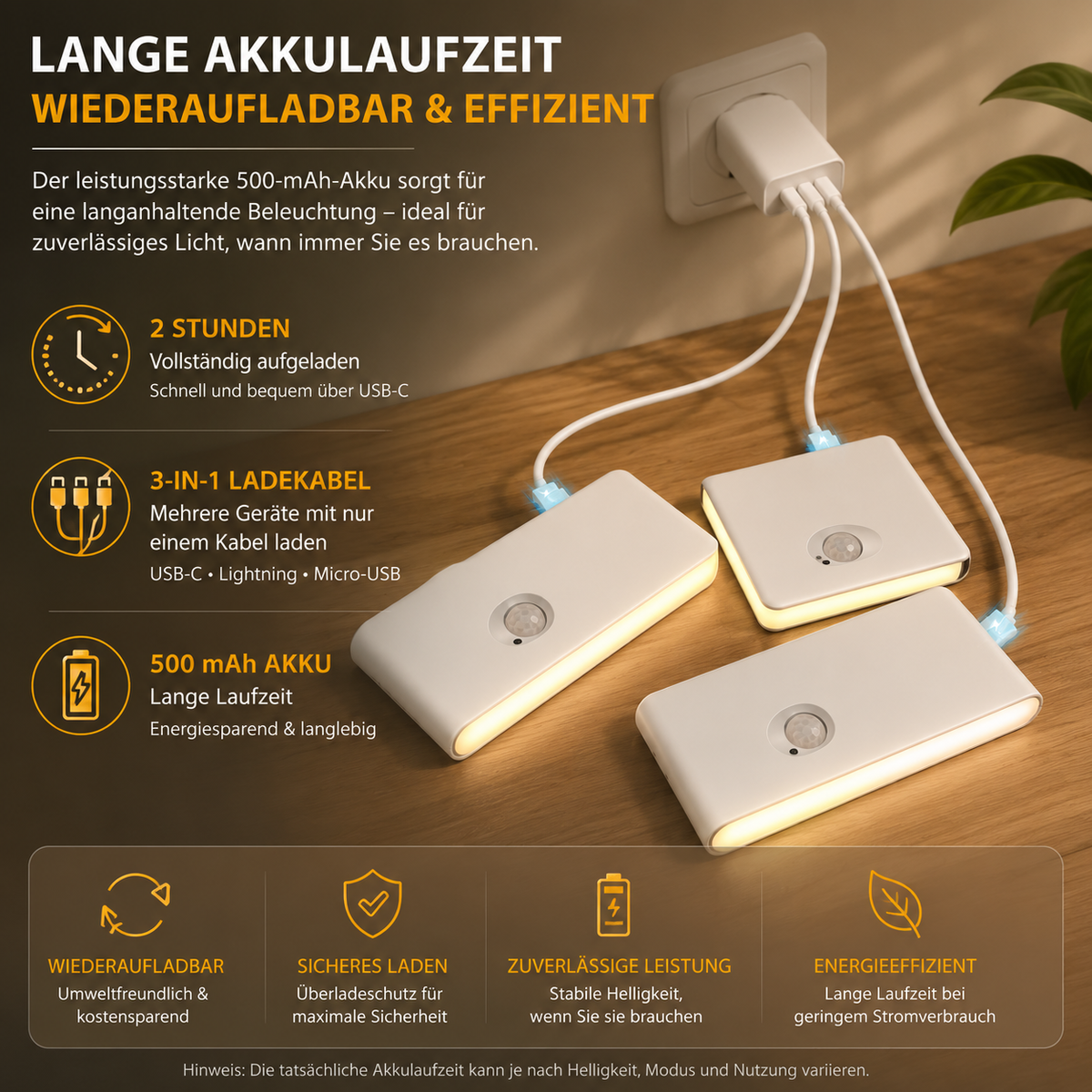 USB-C LED Nachtleuchte mit 500 mAh Akku und langer Akkulaufzeit
