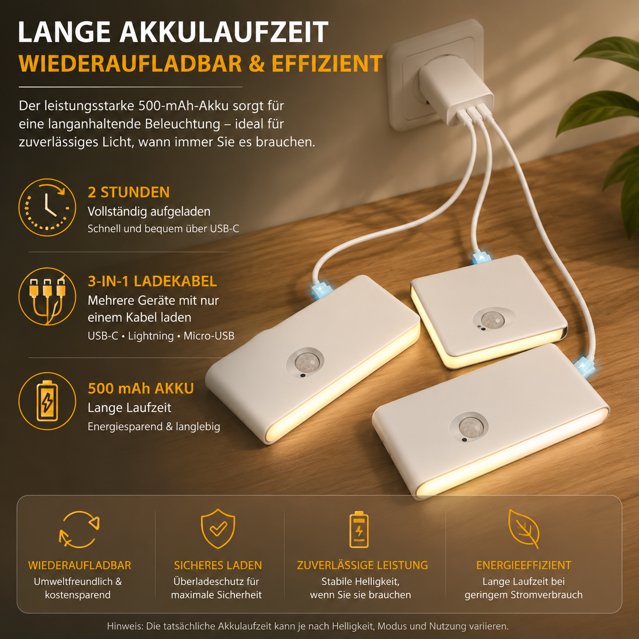 USB-C LED Nachtleuchte mit 500 mAh Akku und langer Akkulaufzeit
