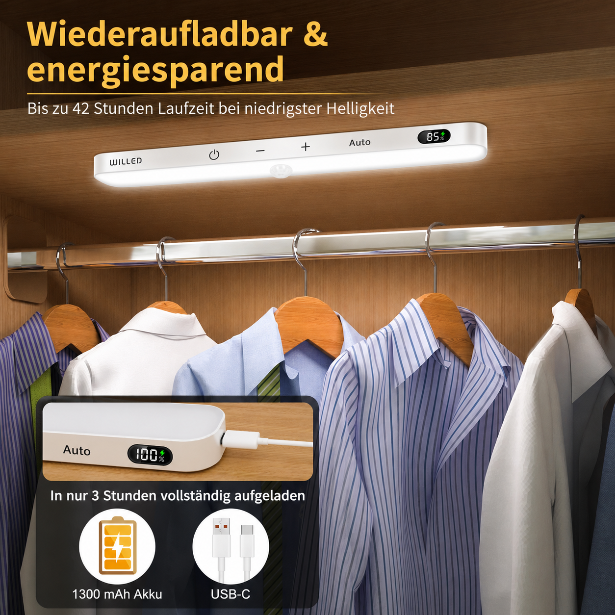 USB-C LED Schrankbeleuchtung mit bis zu 42 Stunden Akkulaufzeit
