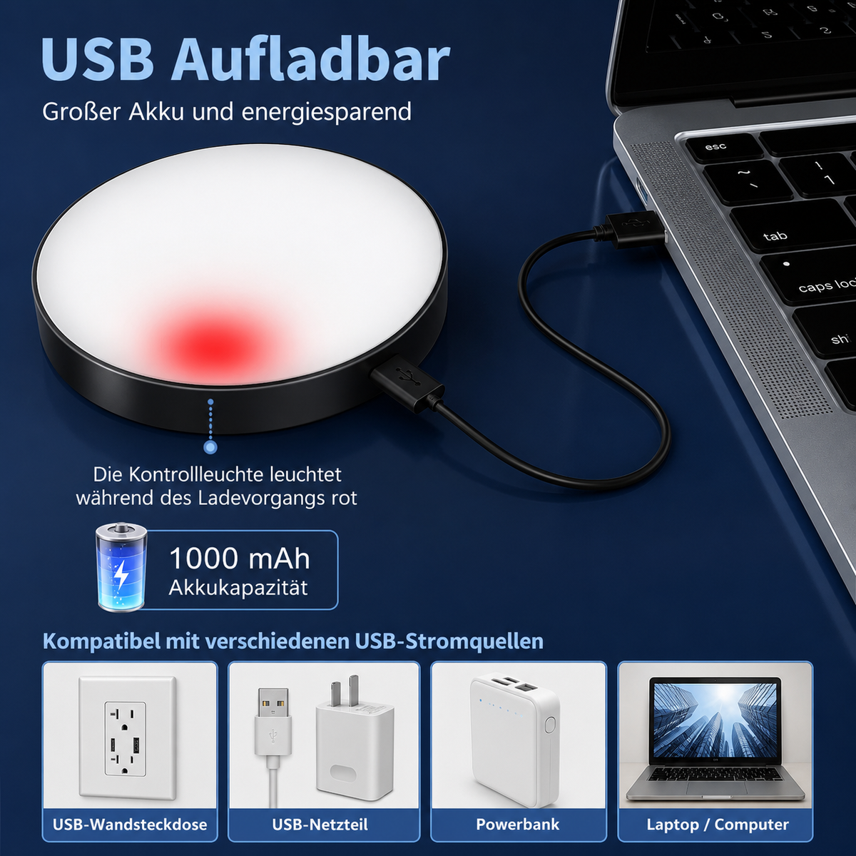 USB aufladbare LED Schrankleuchte mit 1000 mAh Akku
