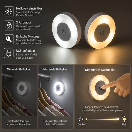 USB wiederaufladbares LED Nachtlicht mit 3 Lichtfarben, Touch-Steuerung und stufenloser Dimmung
